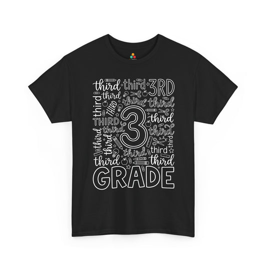 TEEZOCA black third grade teacher shirt laid flat, bold typography word art with pencil, apple, and ruler doodles, a cute back to school tee.
