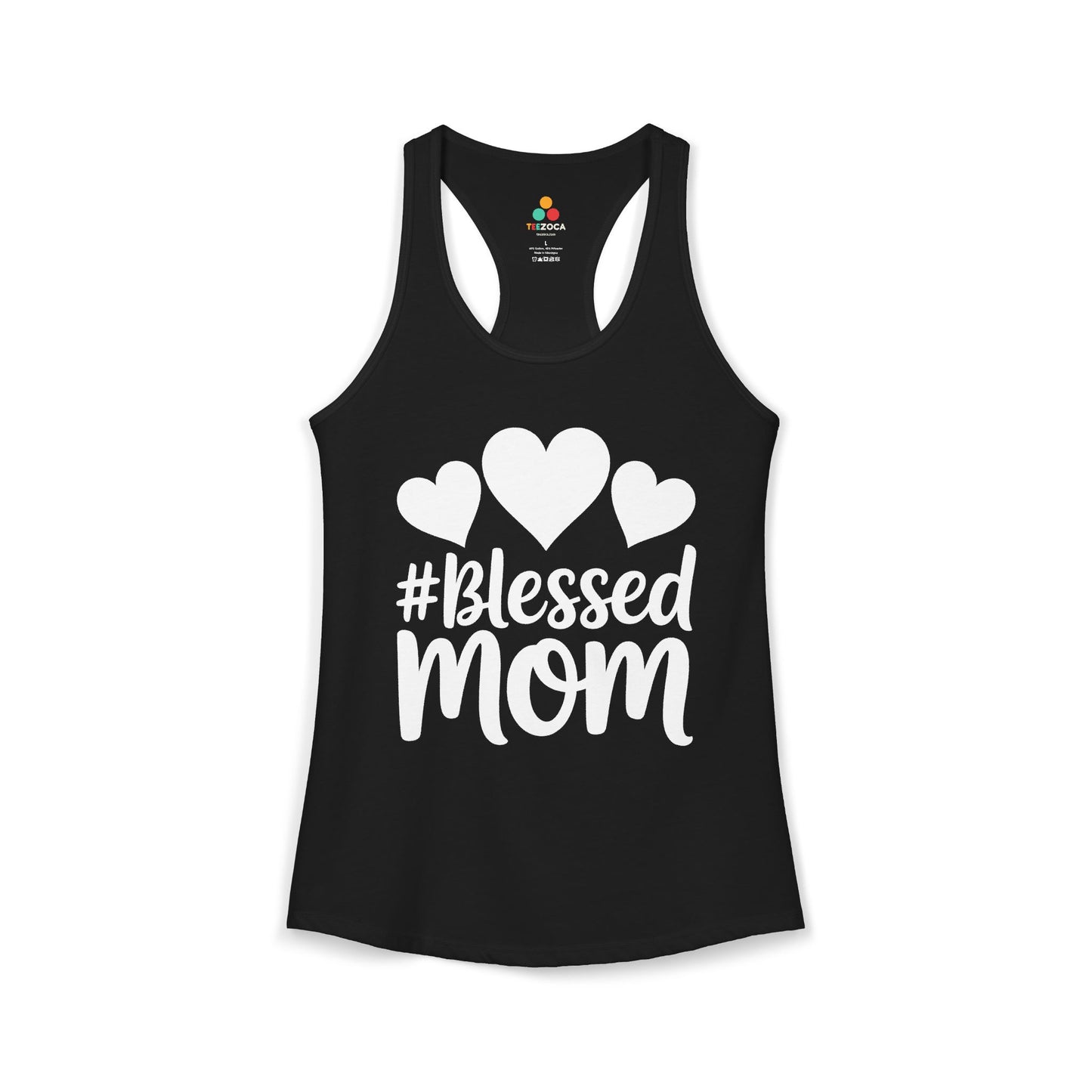 TEEZOCA blessed mom women’s tank top with heart typography design Black tank top with '#Blessed Mom' text and heart designs on a white background