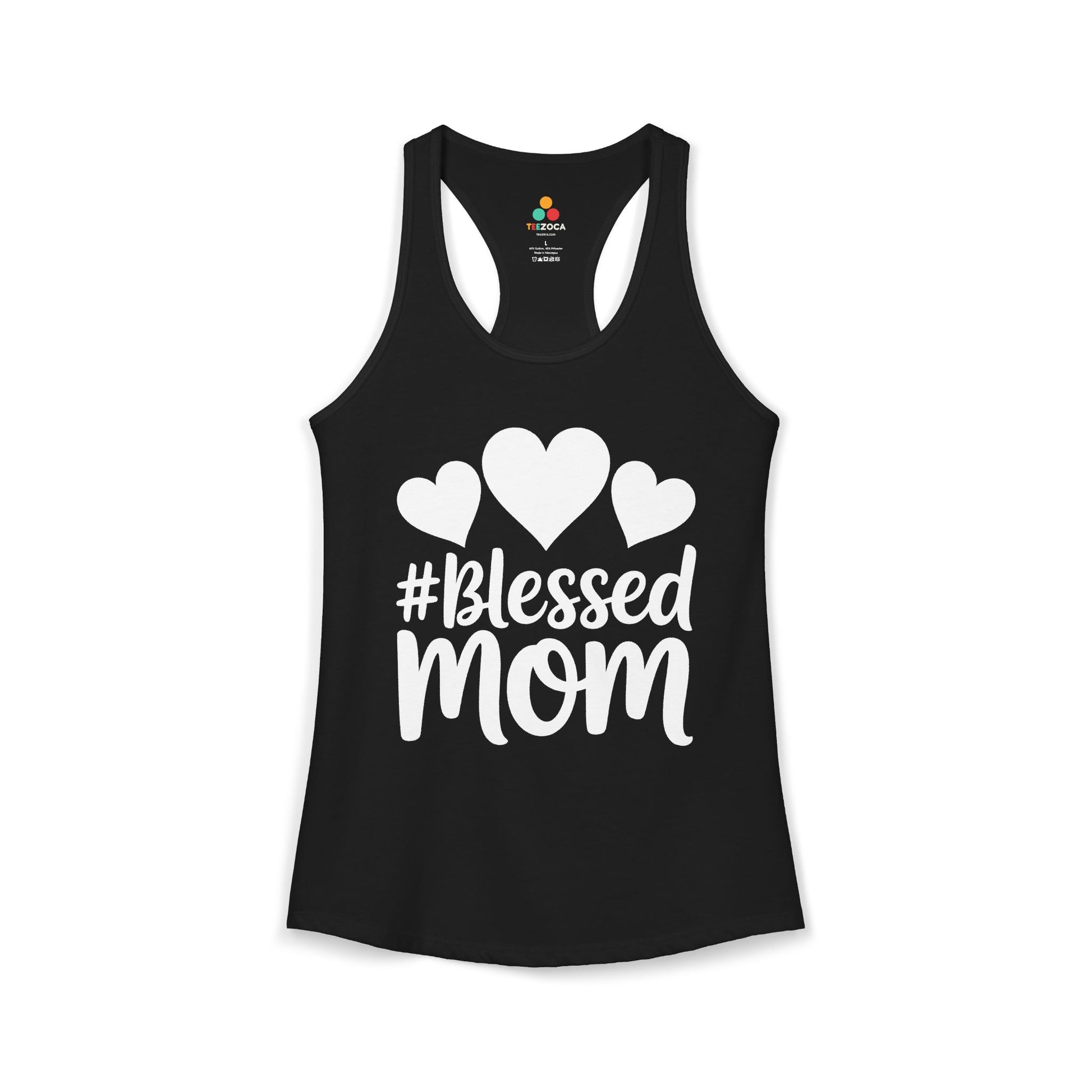 TEEZOCA blessed mom women’s tank top with heart typography design Black tank top with '#Blessed Mom' text and heart designs on a white background