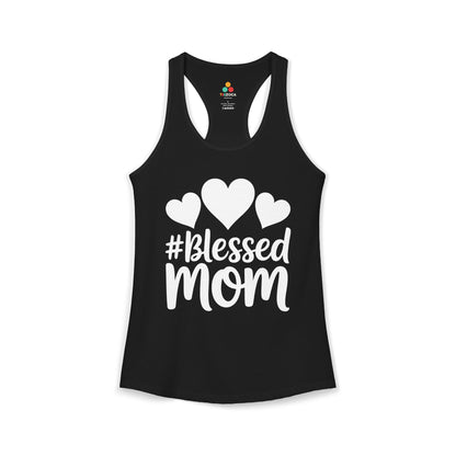 TEEZOCA blessed mom women’s tank top with heart typography design Black tank top with '#Blessed Mom' text and heart designs on a white background
