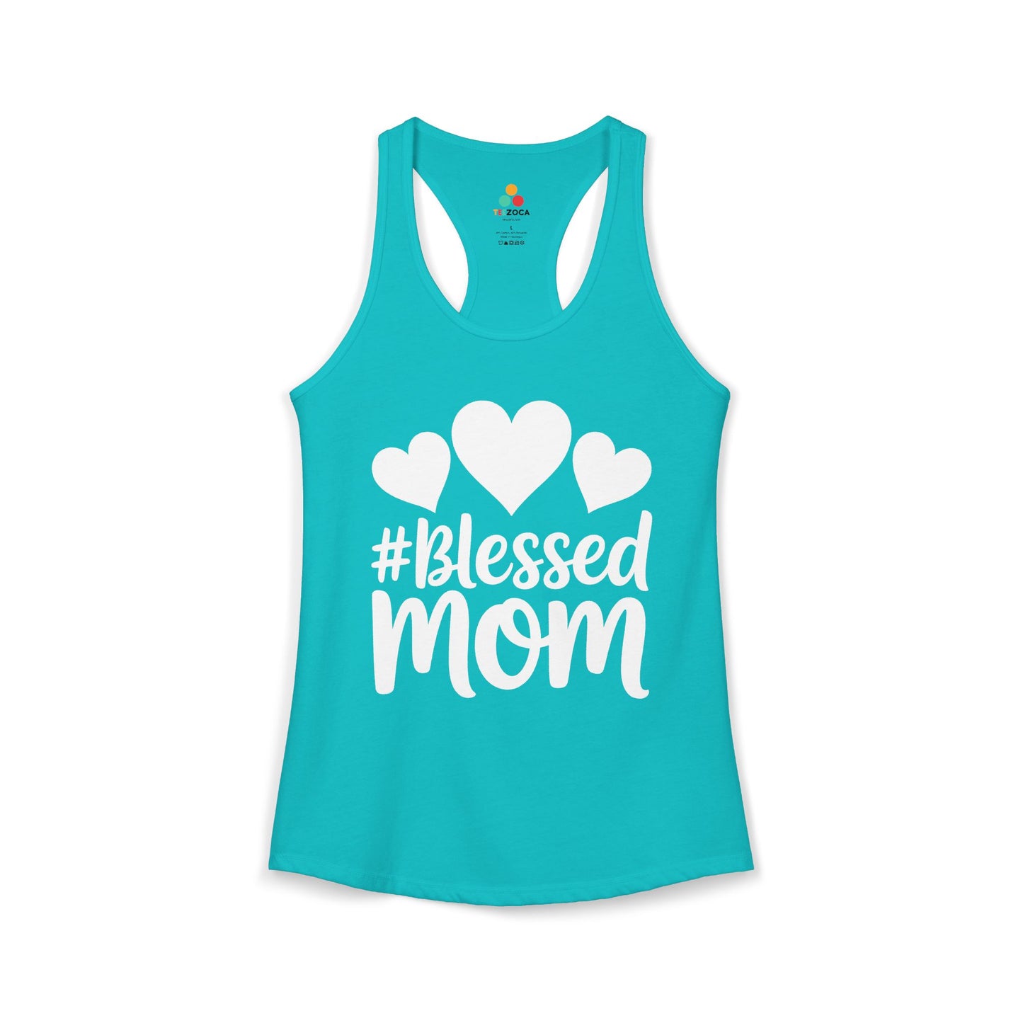 TEEZOCA blessed mom women’s tank top with heart typography design Turquoise tank top with '#Blessed Mom' text and hearts on a white background