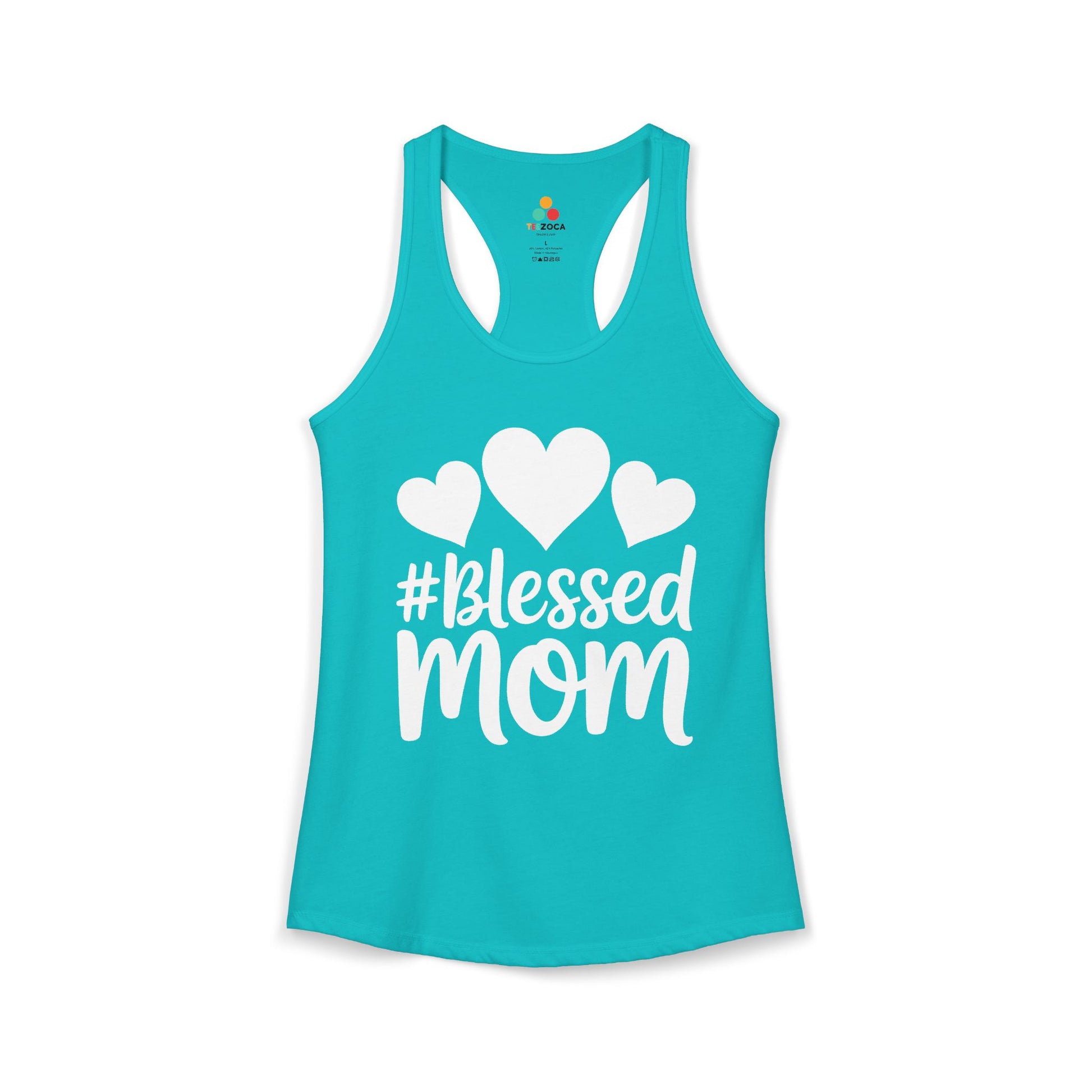 TEEZOCA blessed mom women’s tank top with heart typography design Turquoise tank top with '#Blessed Mom' text and hearts on a white background