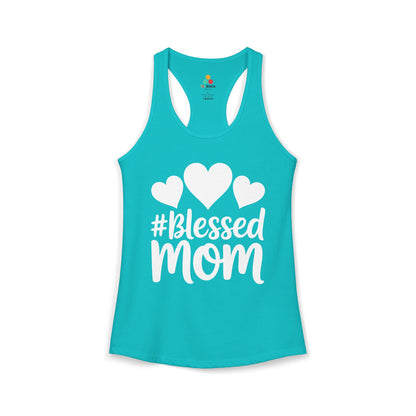 TEEZOCA blessed mom women’s tank top with heart typography design Turquoise tank top with '#Blessed Mom' text and hearts on a white background