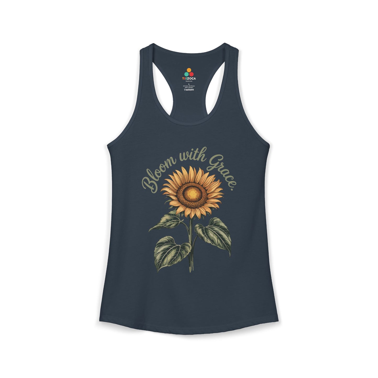 TEEZOCA bloom with grace women’s tank top featuring sunflower artwork Indigo tank top with sunflower design and 'Bloom with Grace' text on a white background