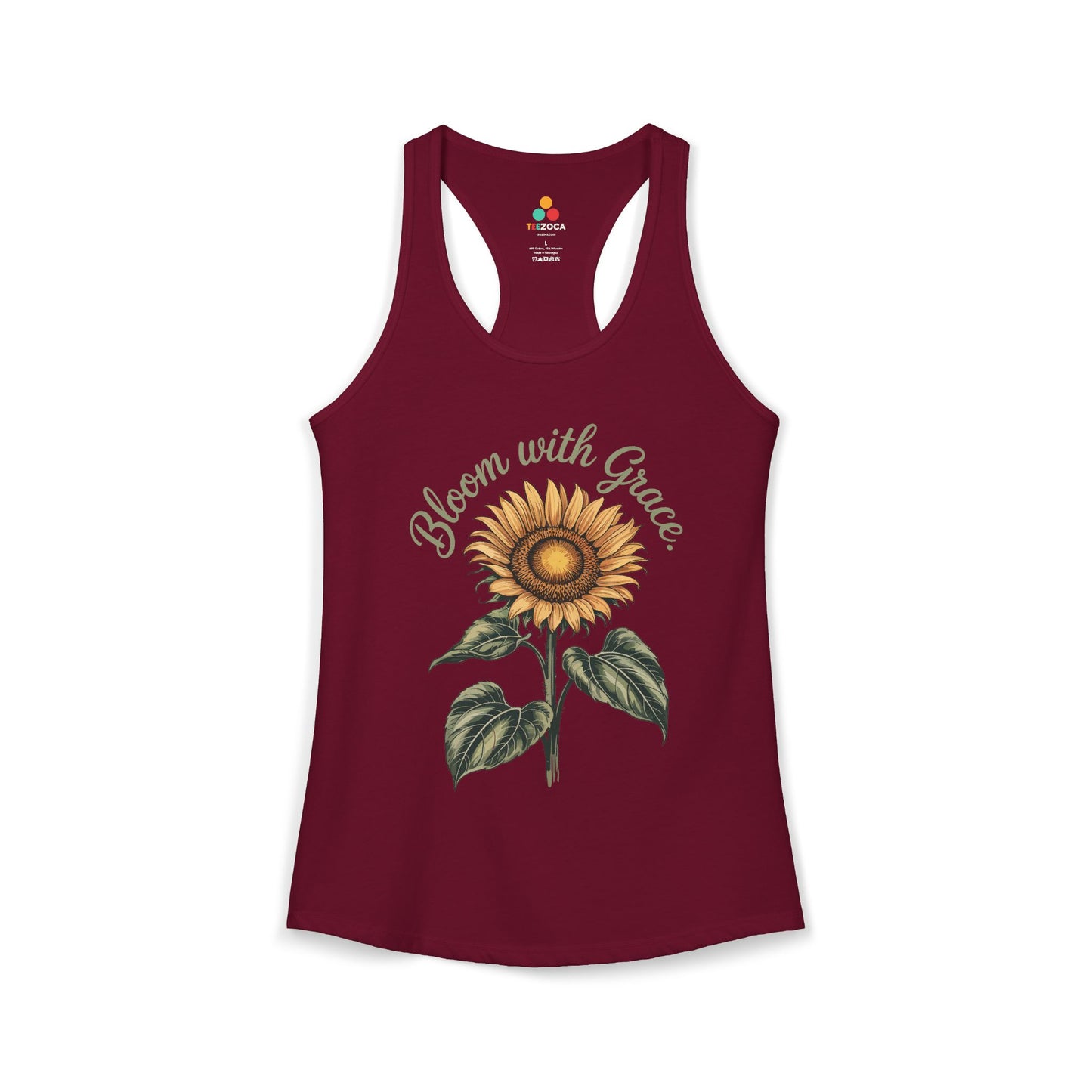TEEZOCA bloom with grace women’s tank top featuring sunflower artwork Maroon tank top with sunflower design and 'Bloom with Grace' text on a white background