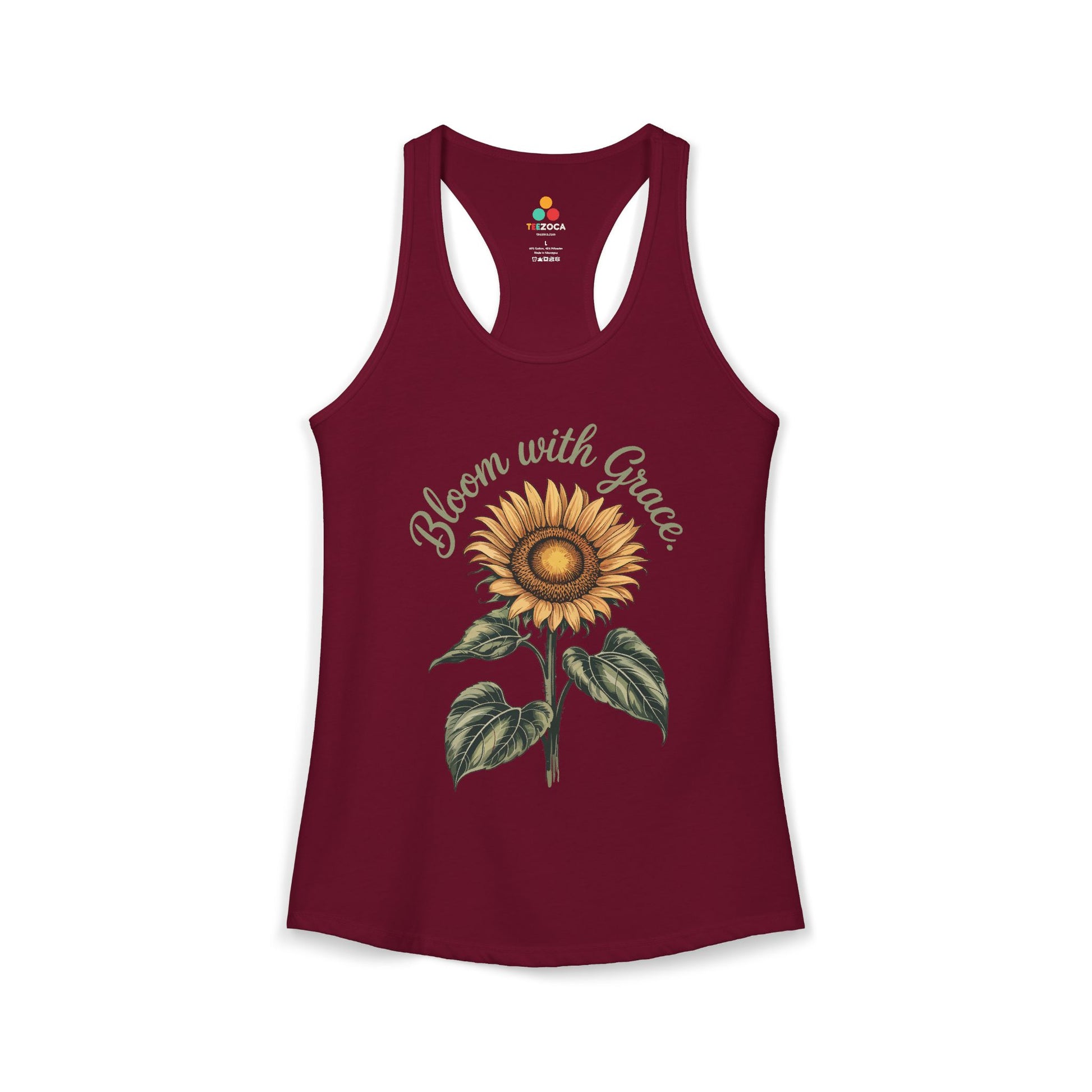TEEZOCA bloom with grace women’s tank top featuring sunflower artwork Maroon tank top with sunflower design and 'Bloom with Grace' text on a white background