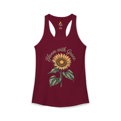 TEEZOCA bloom with grace women’s tank top featuring sunflower artwork Maroon tank top with sunflower design and 'Bloom with Grace' text on a white background