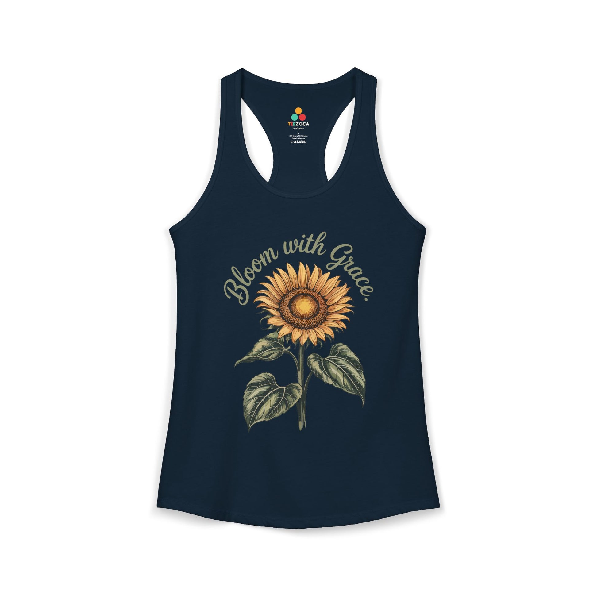 TEEZOCA bloom with grace women’s tank top featuring sunflower artwork Navy tank top with sunflower design and 'Bloom with Grace' text on a white background
