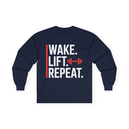 TEEZOCA bodybuilding inspiration long-sleeve shirt Navy blue long-sleeve shirt with 'Wake. Lift. Repeat.' text and barbell graphic on a white background