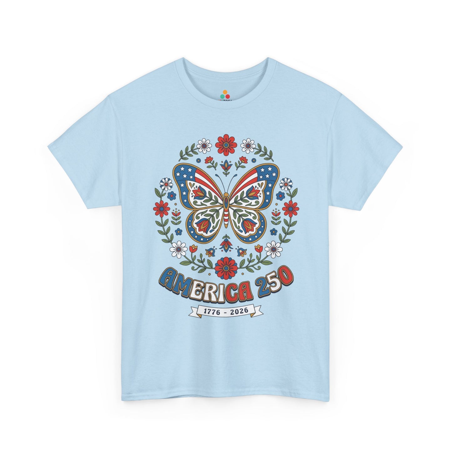 TEEZOCA bohemian 4th of july shirt t-shirt featuring a folk art butterfly shirt design, floral vines, stars, and 1776 2026 message.
