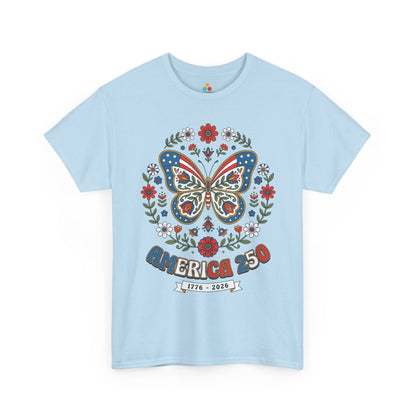 TEEZOCA bohemian 4th of july shirt t-shirt featuring a folk art butterfly shirt design, floral vines, stars, and 1776 2026 message.
