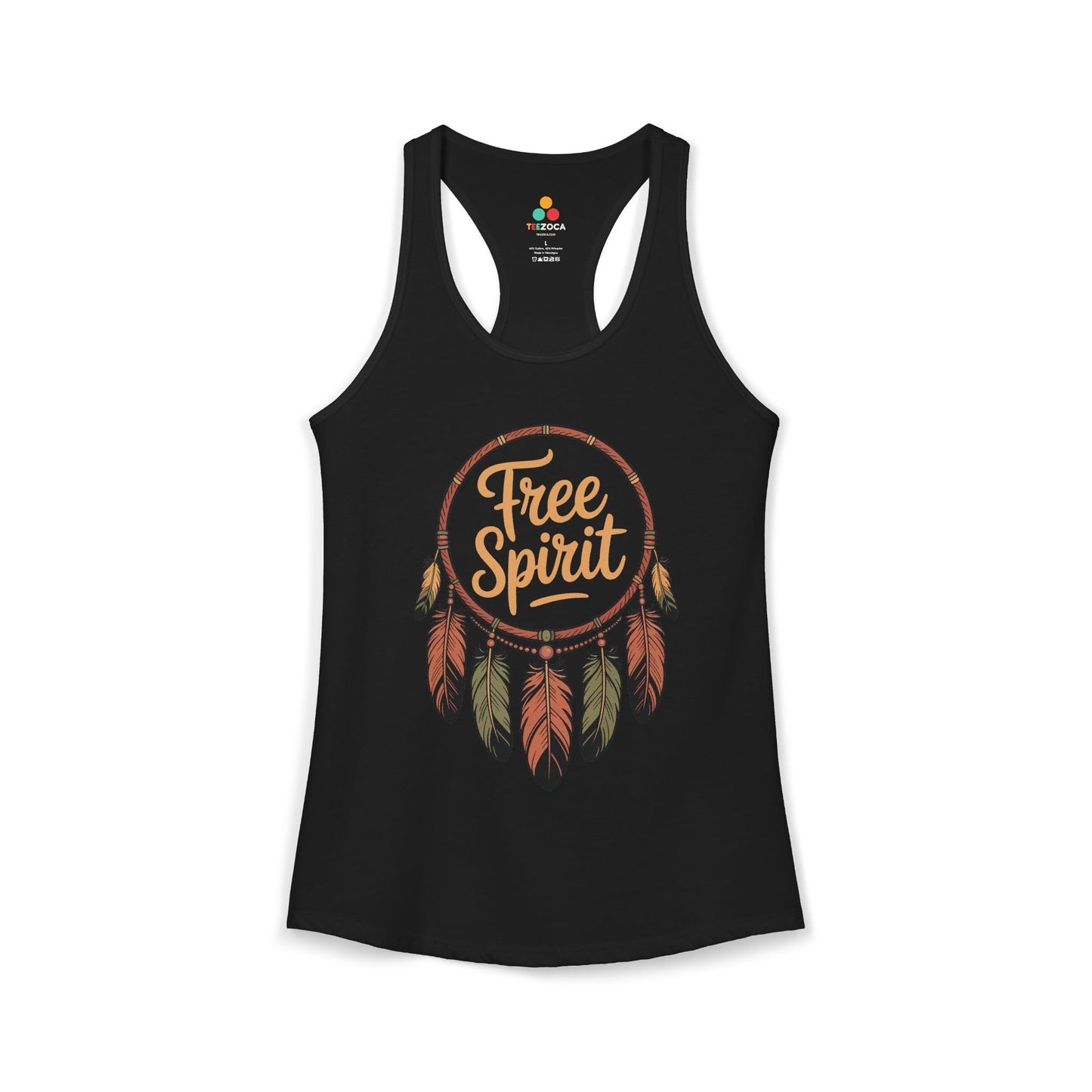 TEEZOCA boho dreamcatcher women’s tank top Free Spirit artwork Black tank top with 'Free Spirit' design on a white background