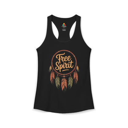 TEEZOCA boho dreamcatcher women’s tank top Free Spirit artwork Black tank top with 'Free Spirit' design on a white background