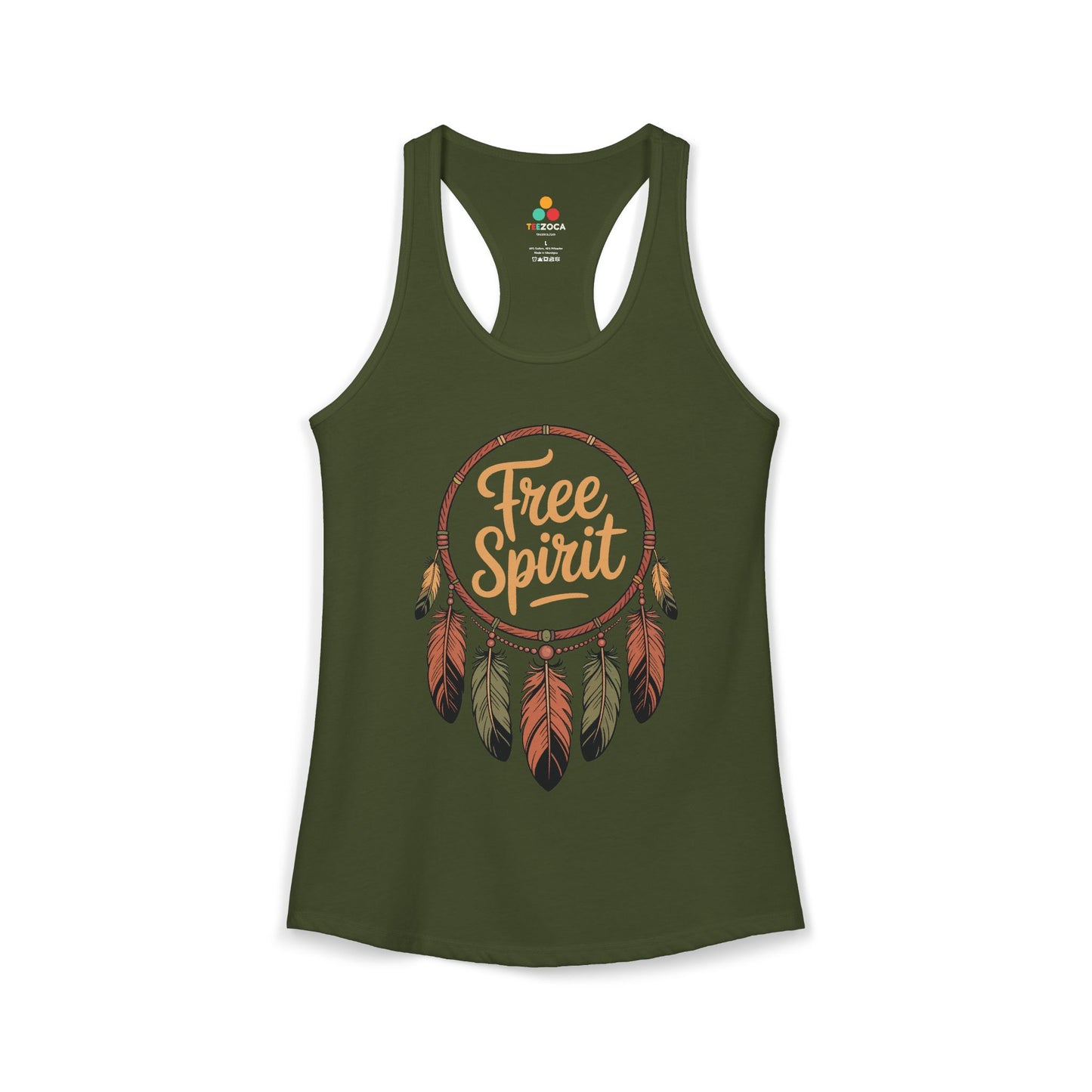TEEZOCA boho dreamcatcher women’s tank top Free Spirit artwork Green tank top with 'Free Spirit' design on a white background