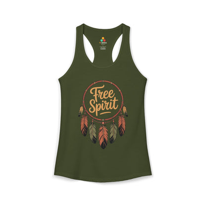 TEEZOCA boho dreamcatcher women’s tank top Free Spirit artwork Green tank top with 'Free Spirit' design on a white background