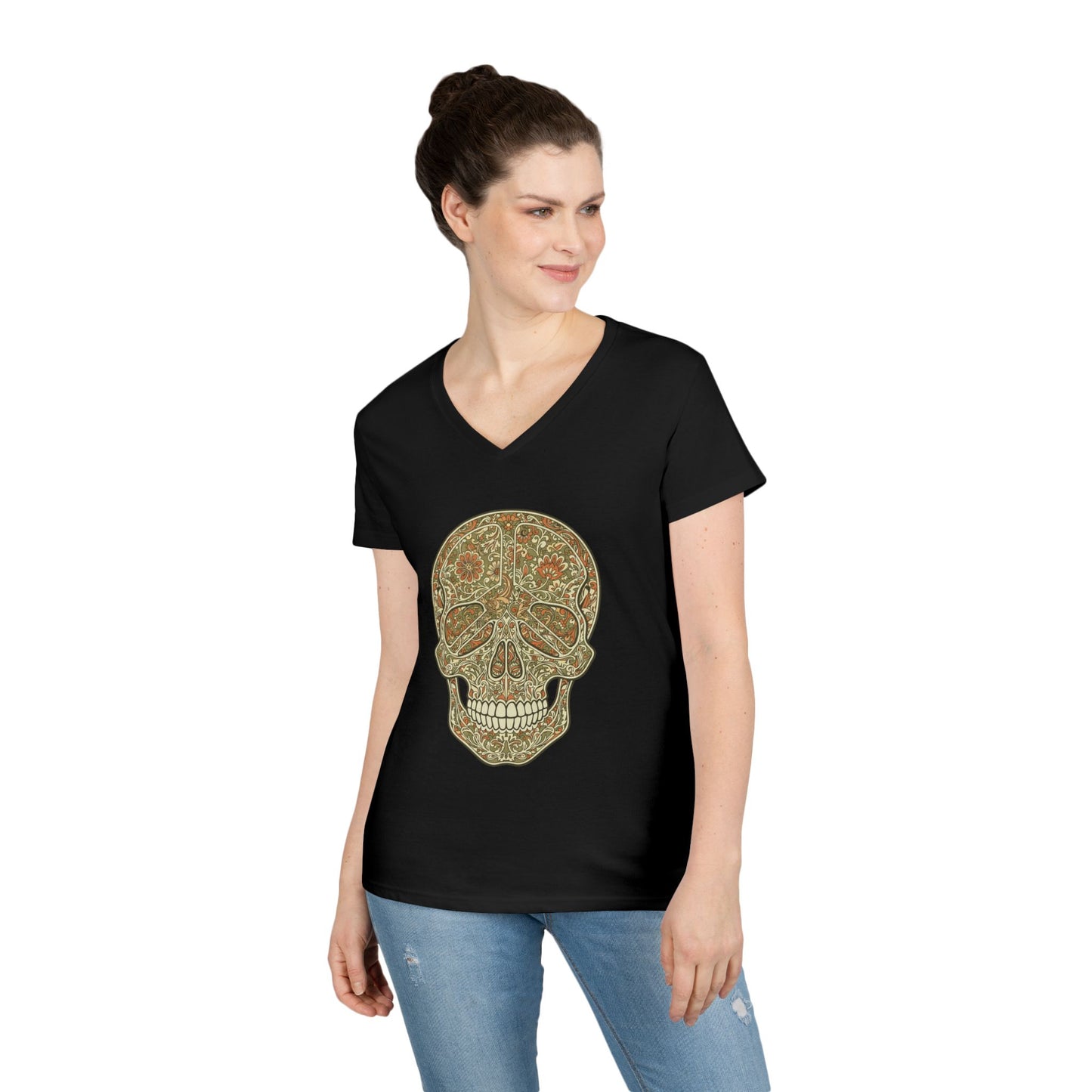 Floral Peace Skull Art V-Neck T-Shirt Retro Aesthetic Statement Tee | TEEZOCA 