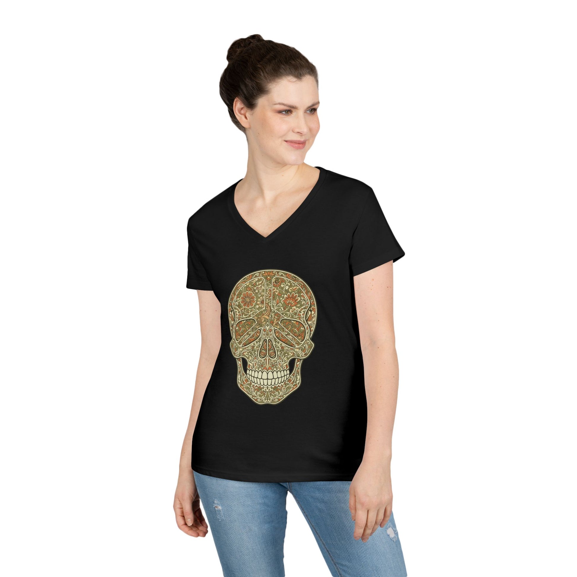 Floral Peace Skull Art V-Neck T-Shirt Retro Aesthetic Statement Tee | TEEZOCA 