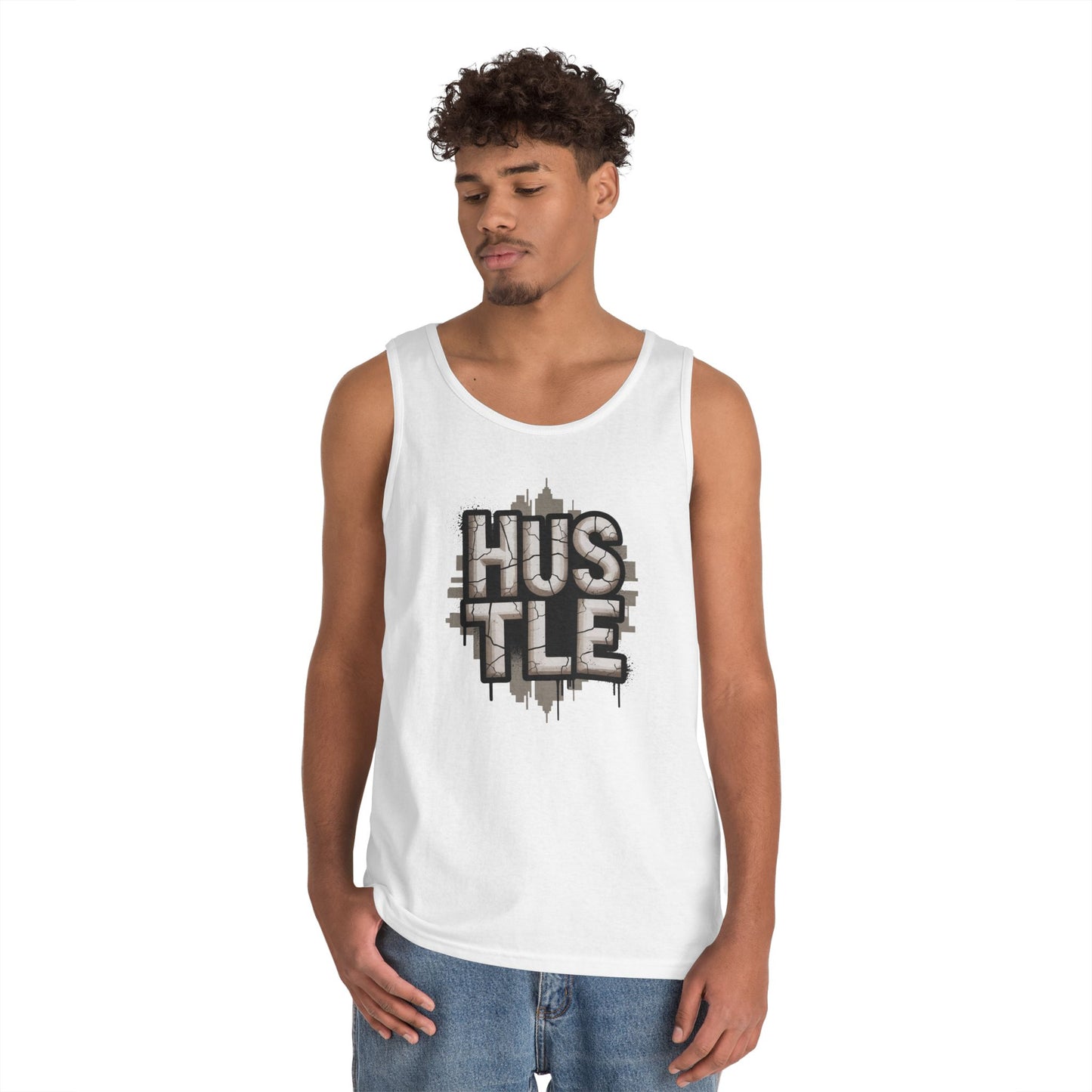 HUSTLE Cracked Street Typography Skyline Unisex Tank Top for Grind Mode | TEEZOCA 