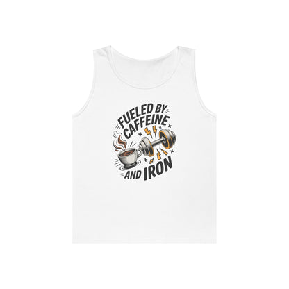 TEEZOCA bold Unisex Tank Top with fueled by caffeine and iron message Fueled by Caffeine and Iron Unisex Tank Top for Gym Motivation Streetwear | TEEZOCA 