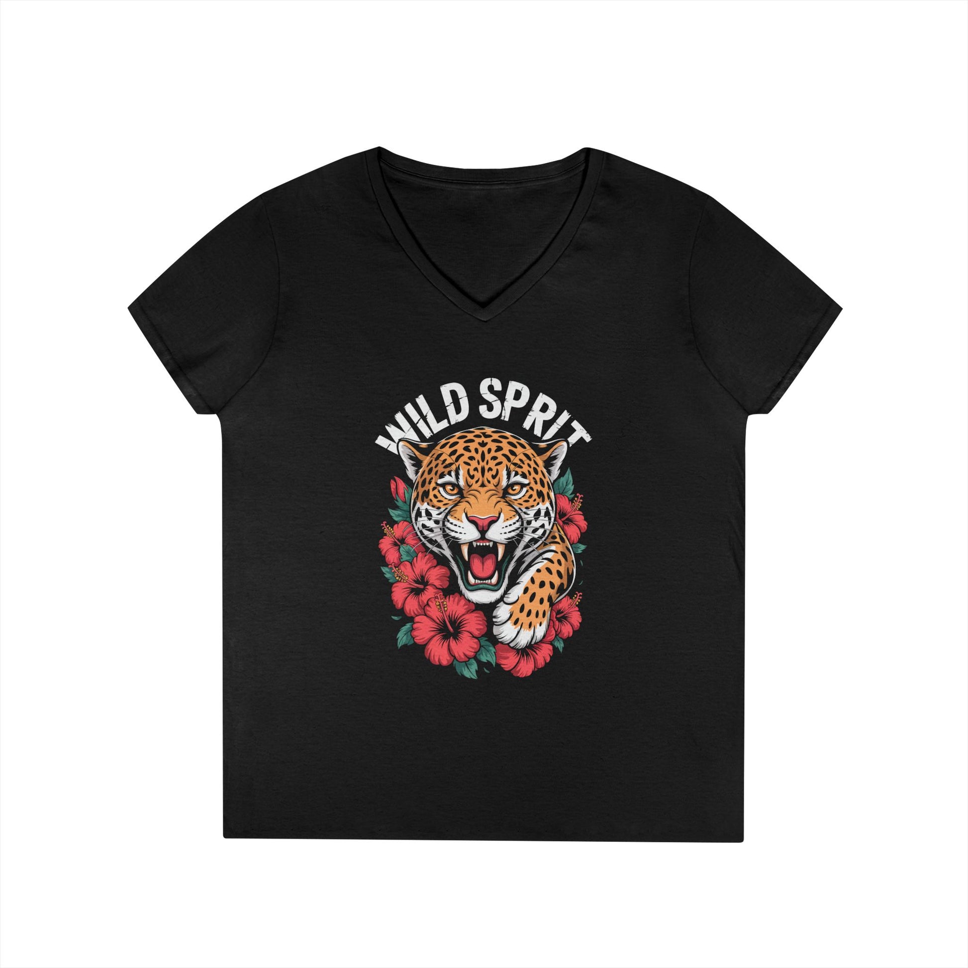 Wild Spirit Leopard Floral Women’s V-Neck T-Shirt Bold Graphic | TEEZOCA 