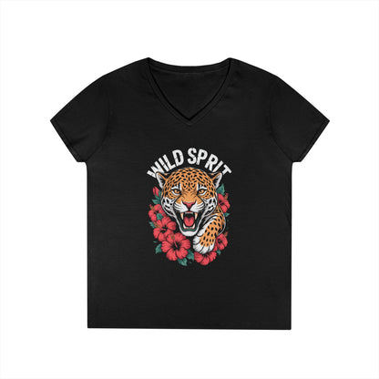 Wild Spirit Leopard Floral Women’s V-Neck T-Shirt Bold Graphic | TEEZOCA 