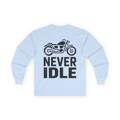TEEZOCA bold biker design unisex long-sleeve t-shirt Light blue sweatshirt with a motorcycle graphic and 'NEVER IDLE' text on a white background