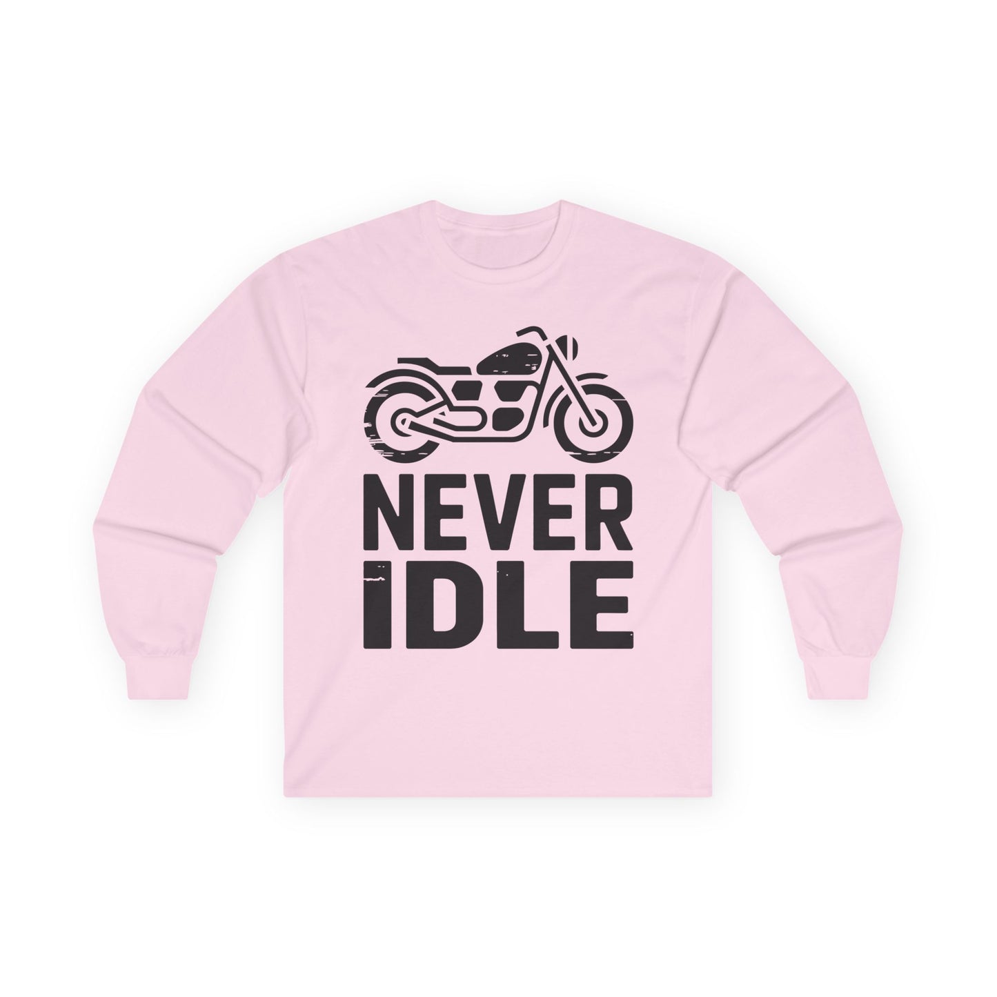TEEZOCA bold biker design unisex long-sleeve t-shirt Pink sweatshirt with a motorcycle graphic and 'Never Idle' text on a white background