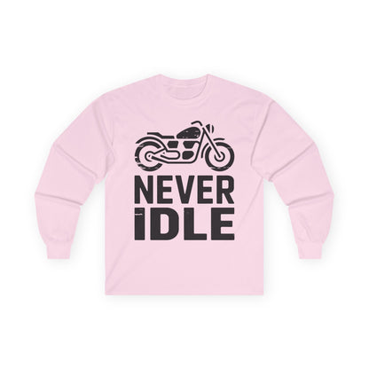 TEEZOCA bold biker design unisex long-sleeve t-shirt Pink sweatshirt with a motorcycle graphic and 'Never Idle' text on a white background