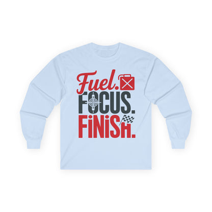 TEEZOCA bold focus finish design long-sleeve shirt Light blue long-sleeve shirt with motivational text 'Fuel. Focus. Finish.' on a white background