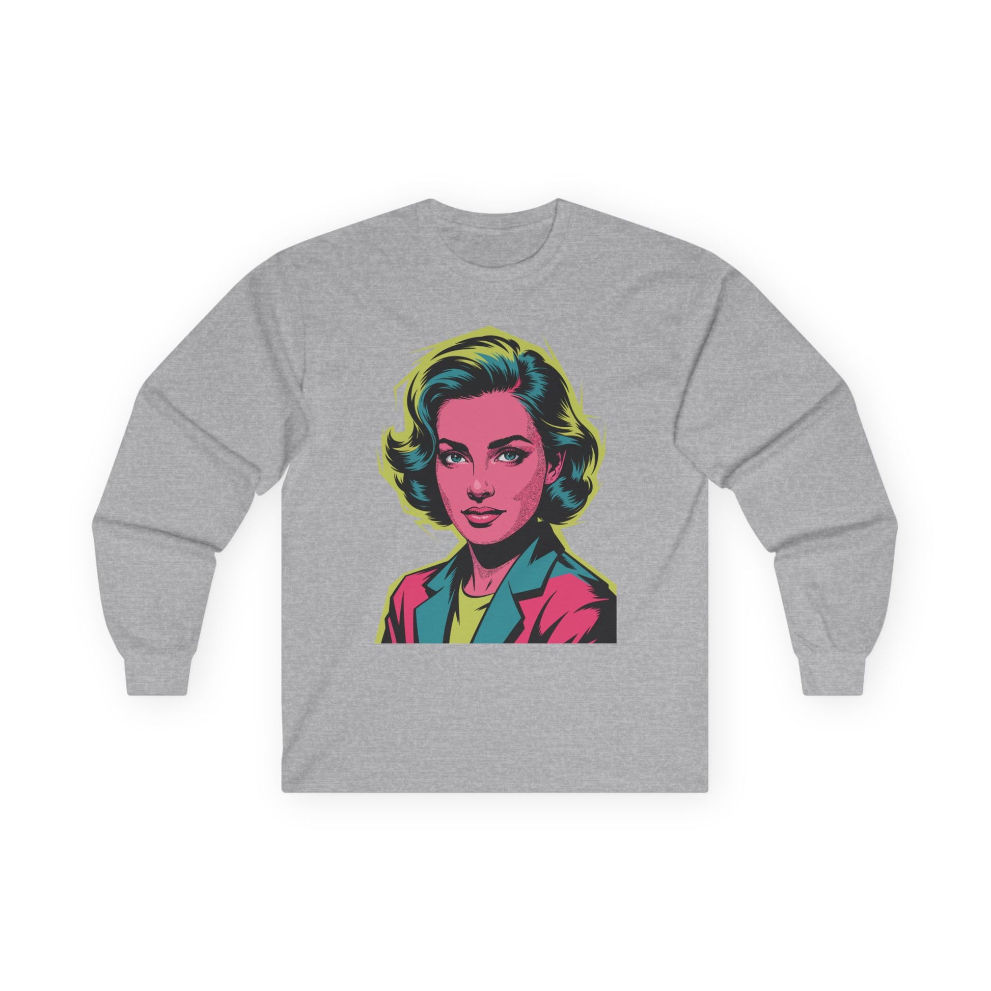 TEEZOCA bold neon pop art face design on unisex long-sleeve t-shirt Gray sweatshirt with a colorful graphic of a woman's face on a white background