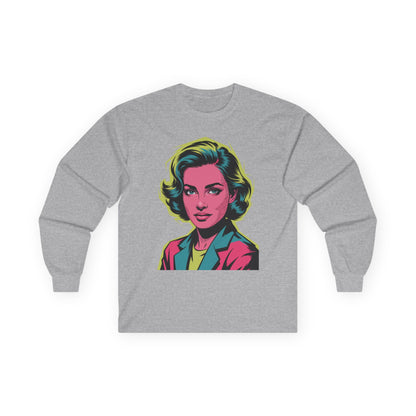 TEEZOCA bold neon pop art face design on unisex long-sleeve t-shirt Gray sweatshirt with a colorful graphic of a woman's face on a white background