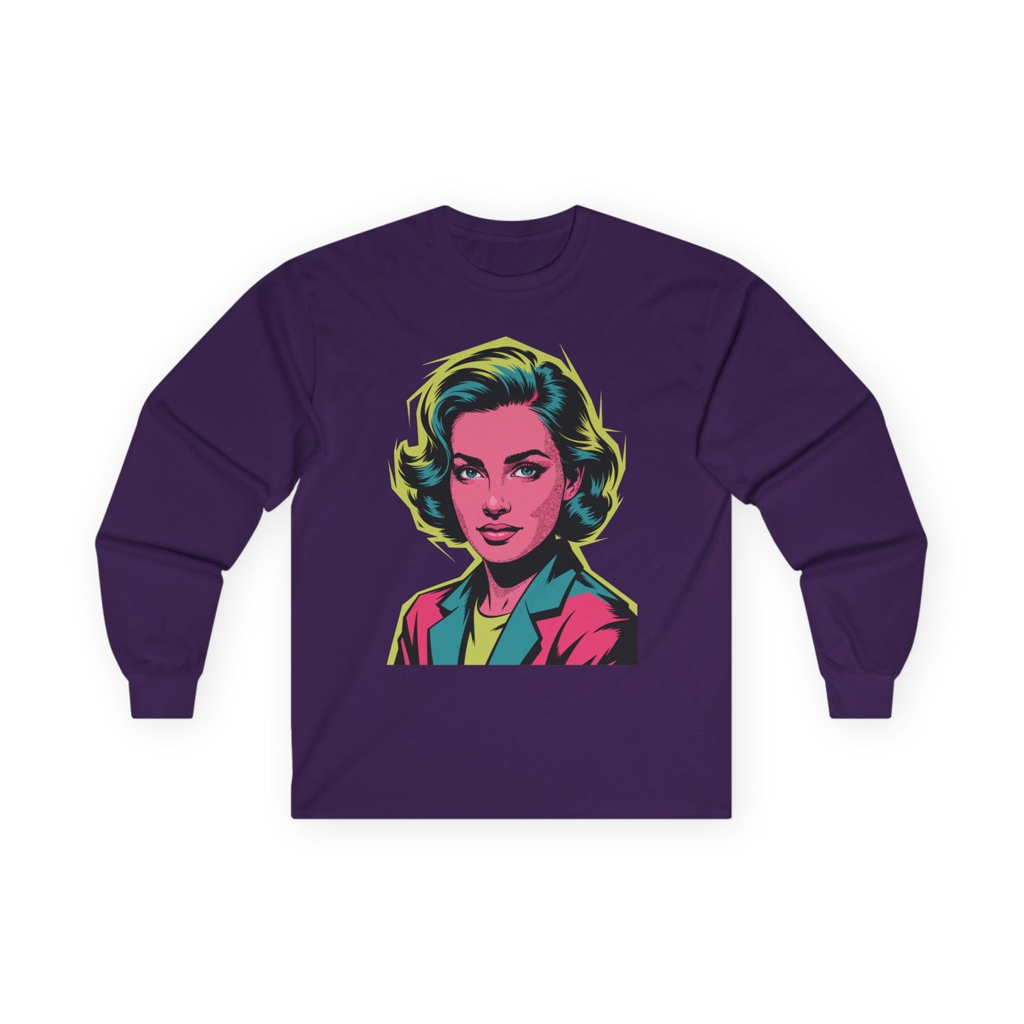 TEEZOCA bold neon pop art face design on unisex long-sleeve t-shirt Purple long-sleeve shirt with a colorful graphic of a woman's face on a white background
