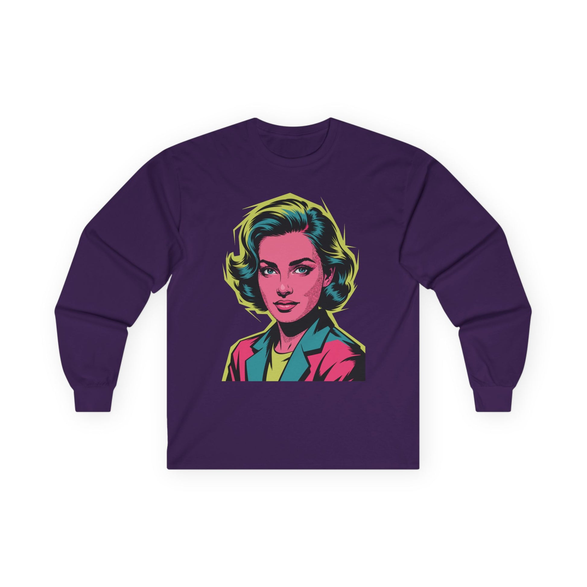 TEEZOCA bold neon pop art face design on unisex long-sleeve t-shirt Purple long-sleeve shirt with a colorful graphic of a woman's face on a white background
