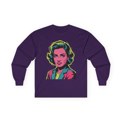 TEEZOCA bold neon pop art face design on unisex long-sleeve t-shirt Purple long-sleeve shirt with a colorful graphic of a woman's face on a white background