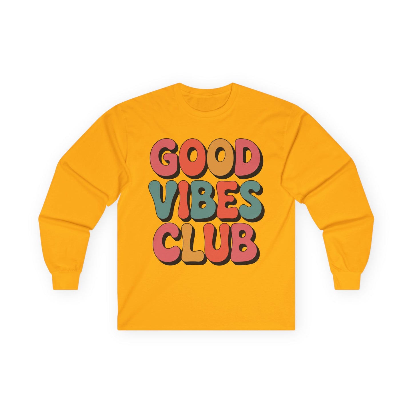 TEEZOCA bold positive message good vibes club unisex long-sleeve t-shirt Yellow long-sleeve shirt with 'Good Vibes Club' text on a white background