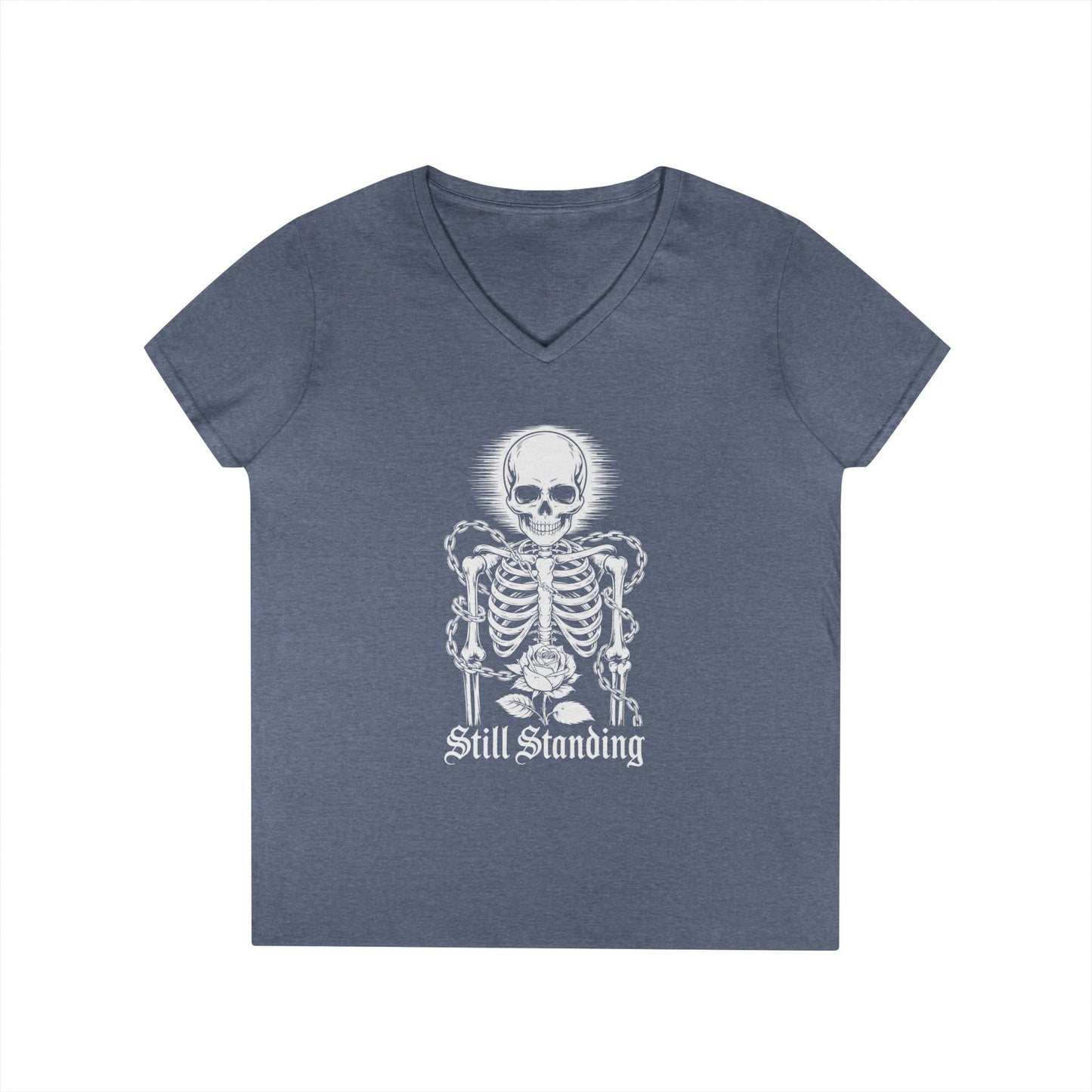 Still Standing Skeleton Rose Graphic V-Neck T-Shirt for Women | TEEZOCA 
