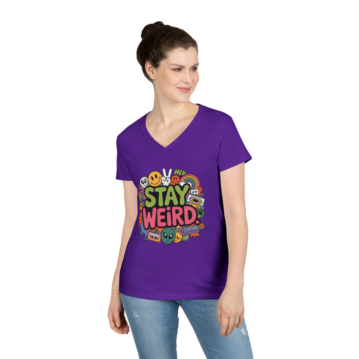 Stay Weird Retro Smiley Collage V-Neck T-Shirt for Women | TEEZOCA 