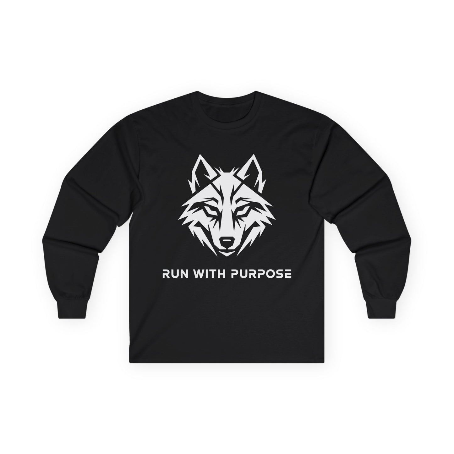 TEEZOCA bold wolf illustration unisex long-sleeve t-shirt Black long-sleeve shirt with a wolf graphic and 'Run with Purpose' text on a white background