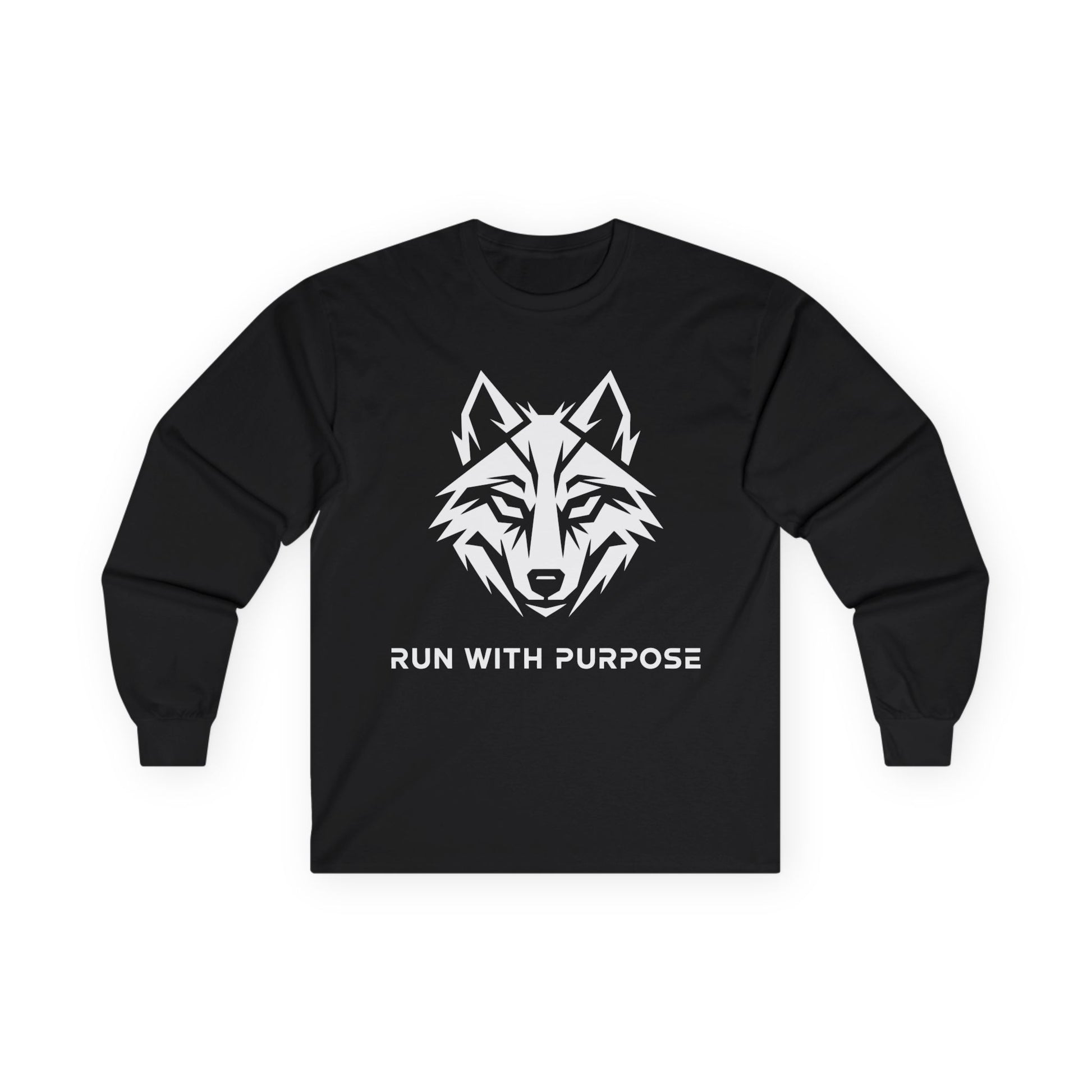 TEEZOCA bold wolf illustration unisex long-sleeve t-shirt Black long-sleeve shirt with a wolf graphic and 'Run with Purpose' text on a white background