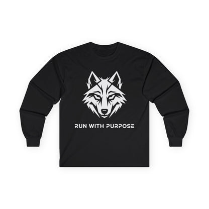 TEEZOCA bold wolf illustration unisex long-sleeve t-shirt Black long-sleeve shirt with a wolf graphic and 'Run with Purpose' text on a white background