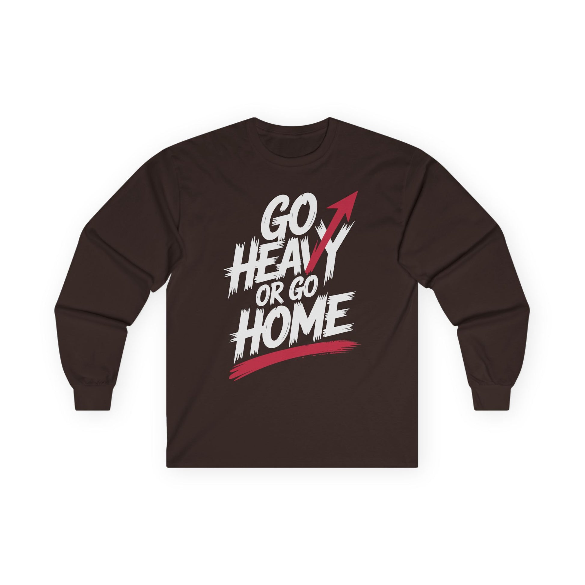 TEEZOCA bold workout quote unisex long-sleeve tee Brown long-sleeve shirt with 'Go Heavy or Go Home' text on a white background