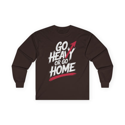 TEEZOCA bold workout quote unisex long-sleeve tee Brown long-sleeve shirt with 'Go Heavy or Go Home' text on a white background
