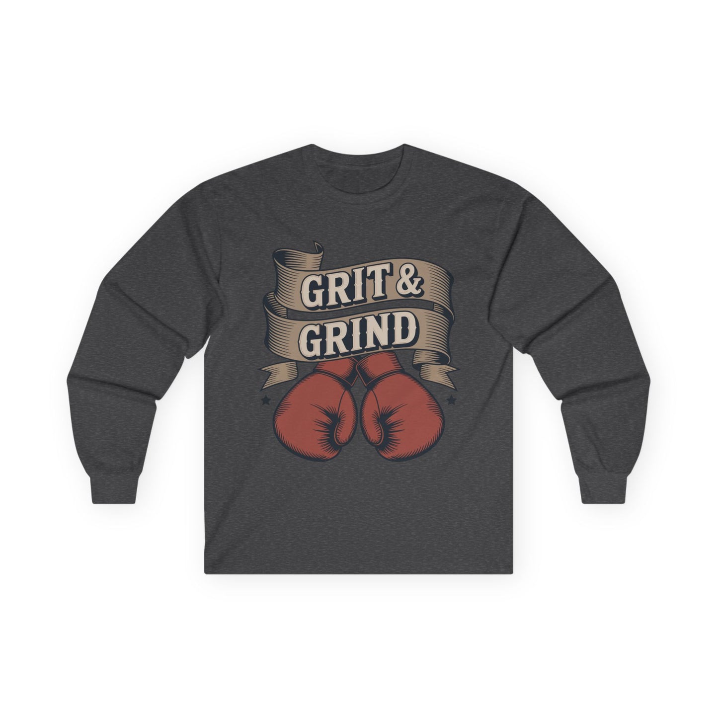 TEEZOCA boxing gloves grit grind motivational long-sleeve tee Dark gray long-sleeve shirt with red boxing gloves and 'Grit & Grind' text on a white background