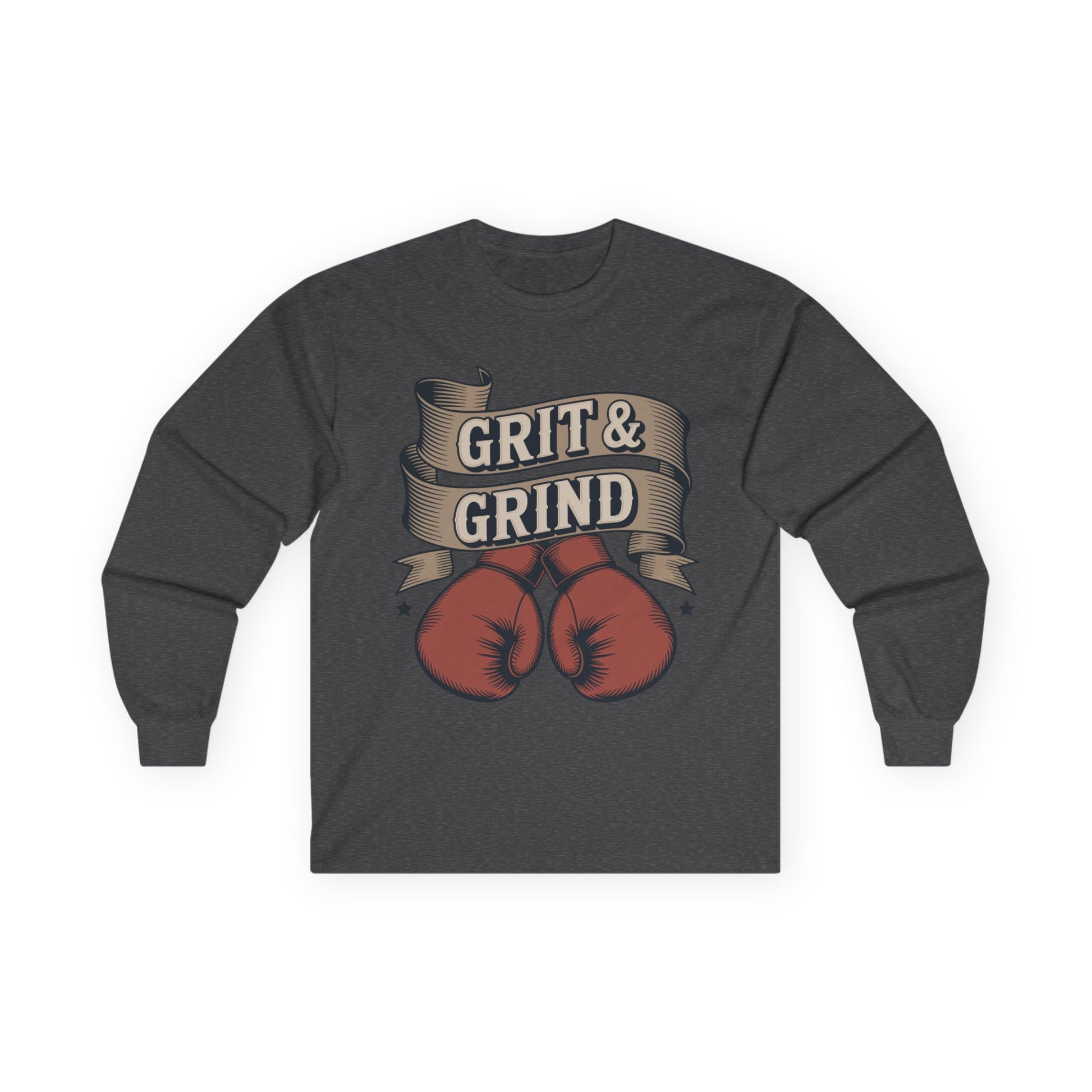 TEEZOCA boxing gloves grit grind motivational long-sleeve tee Dark gray long-sleeve shirt with red boxing gloves and 'Grit & Grind' text on a white background