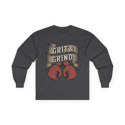 TEEZOCA boxing gloves grit grind motivational long-sleeve tee Dark gray long-sleeve shirt with red boxing gloves and 'Grit & Grind' text on a white background