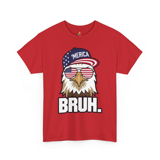 TEEZOCA bright red summer holiday 4th of July Shirt, Funny Merica Bruh Eagle T-shirt funny america shirt T-shirt with a bald eagle, Merica snapback, American flag sunglasses, and BRUH.