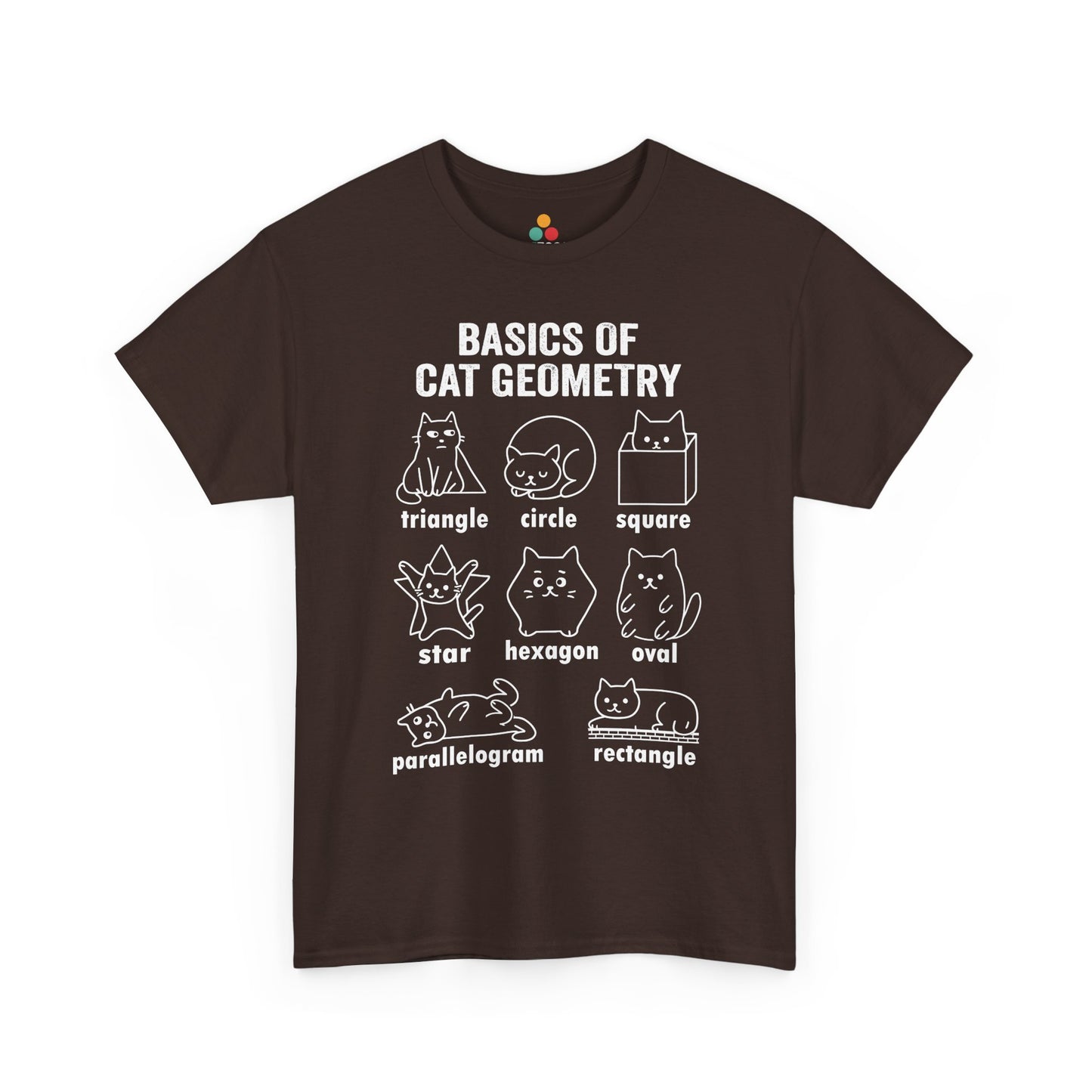 TEEZOCA brown "Basics of Cat Geometry" novelty cat tee, flat lay front view. Cat Geometry Funny Math Shapes Teacher Student Lover Dad Mom Back School T-Shirt