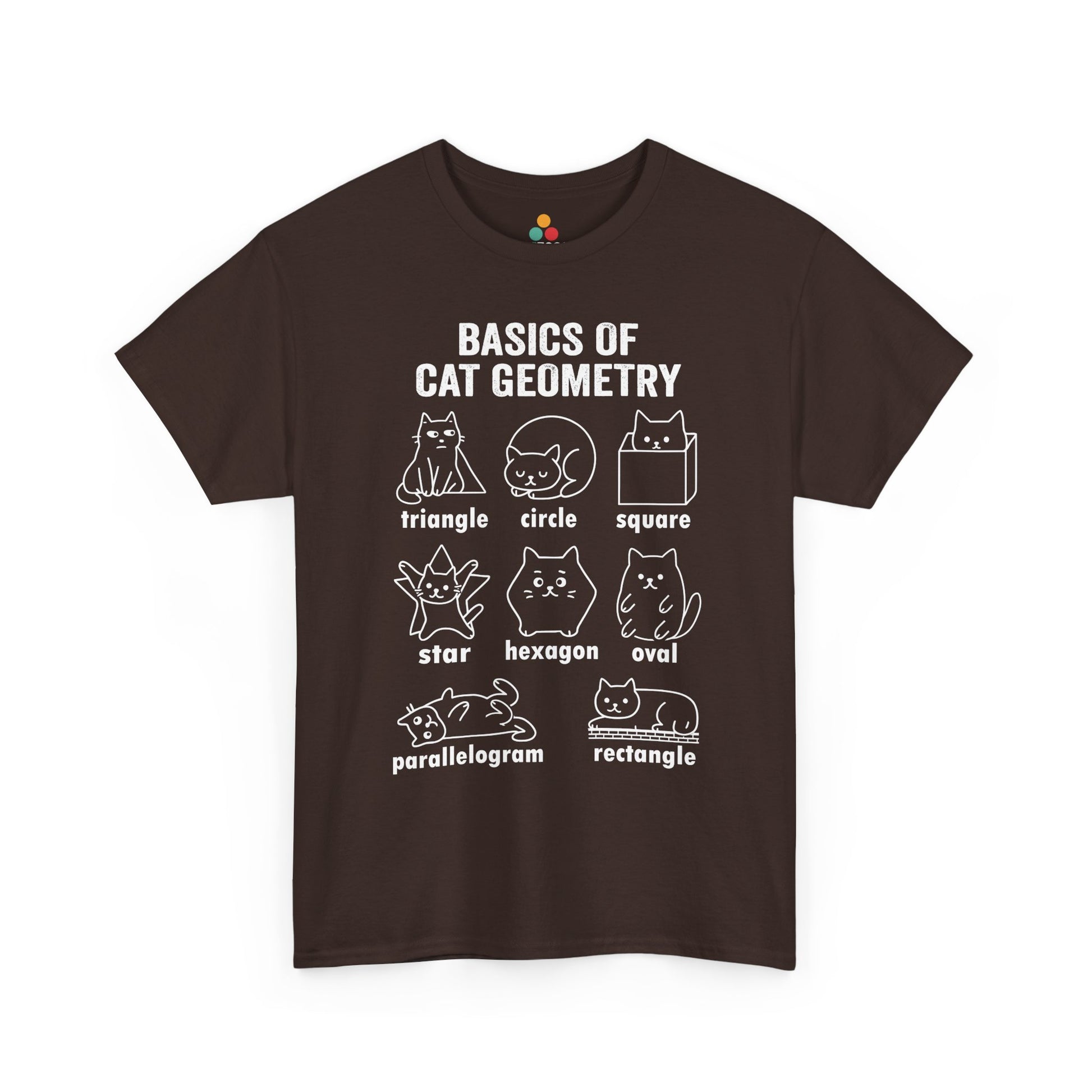 TEEZOCA brown "Basics of Cat Geometry" novelty cat tee, flat lay front view. Cat Geometry Funny Math Shapes Teacher Student Lover Dad Mom Back School T-Shirt