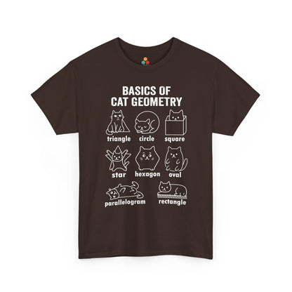 TEEZOCA brown "Basics of Cat Geometry" novelty cat tee, flat lay front view. Cat Geometry Funny Math Shapes Teacher Student Lover Dad Mom Back School T-Shirt