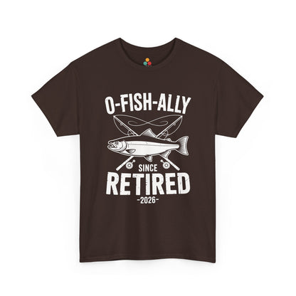 TEEZOCA brown O-Fish-ally Retired Since 2026 funny fishing tee displayed flat.